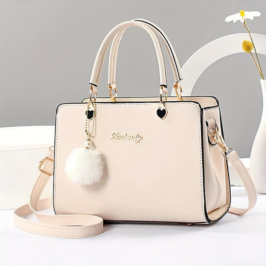 SOLID COLOR SMALL HANDBAG WITH POM-POM