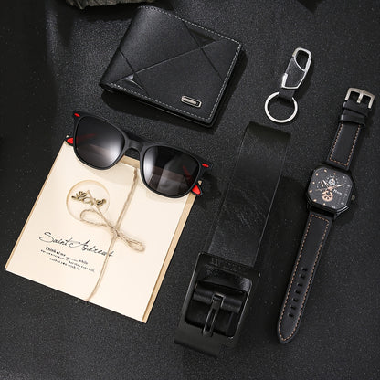 The gift that makes him smile when he opens it: Elegant 6 in 1 Set — Wallet, Watch, Sunglasses, Belt, Keyring + Card