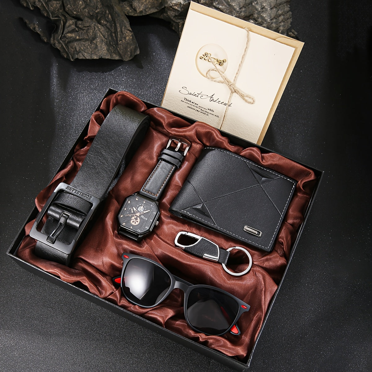 The gift that makes him smile when he opens it: Elegant 6 in 1 Set — Wallet, Watch, Sunglasses, Belt, Keyring + Card
