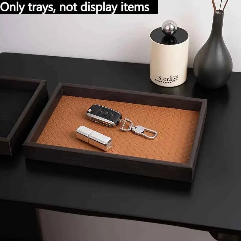 1pc Woven Texture Faux Leather Storage Tray,Watch Jewelry Organizer, Decorative Home Display Tray, Cosmetic Holder, Storage Tray