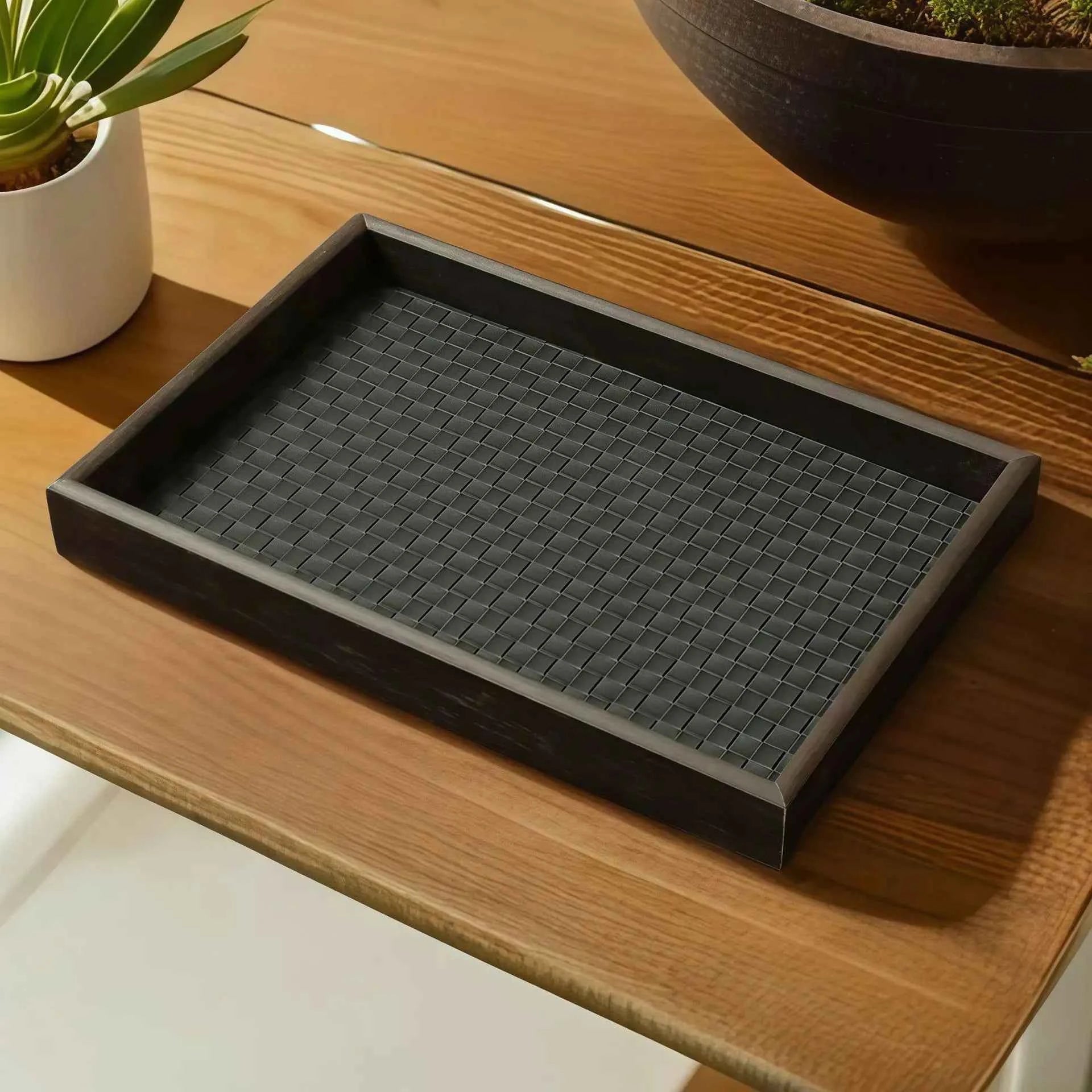 1pc Woven Texture Faux Leather Storage Tray,Watch Jewelry Organizer, Decorative Home Display Tray, Cosmetic Holder, Storage Tray