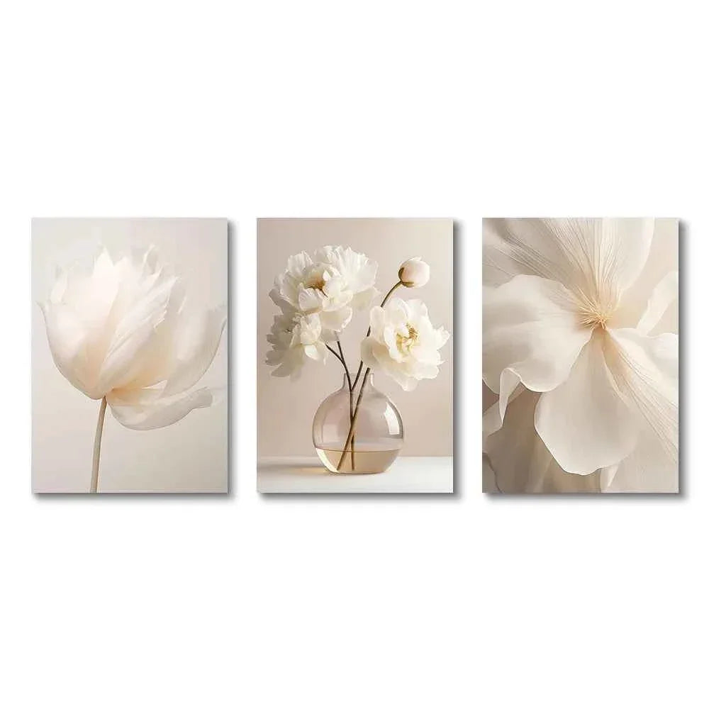 1PC/3PCS Frameless Nordic Beige Peony Flowers Canvas Painting Modern Floral Botanical Posters Aesthetic Wall Art Home Decoration