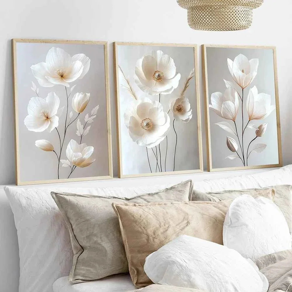 1PC/3PCS Frameless Nordic Beige Peony Flowers Canvas Painting Modern Floral Botanical Posters Aesthetic Wall Art Home Decoration
